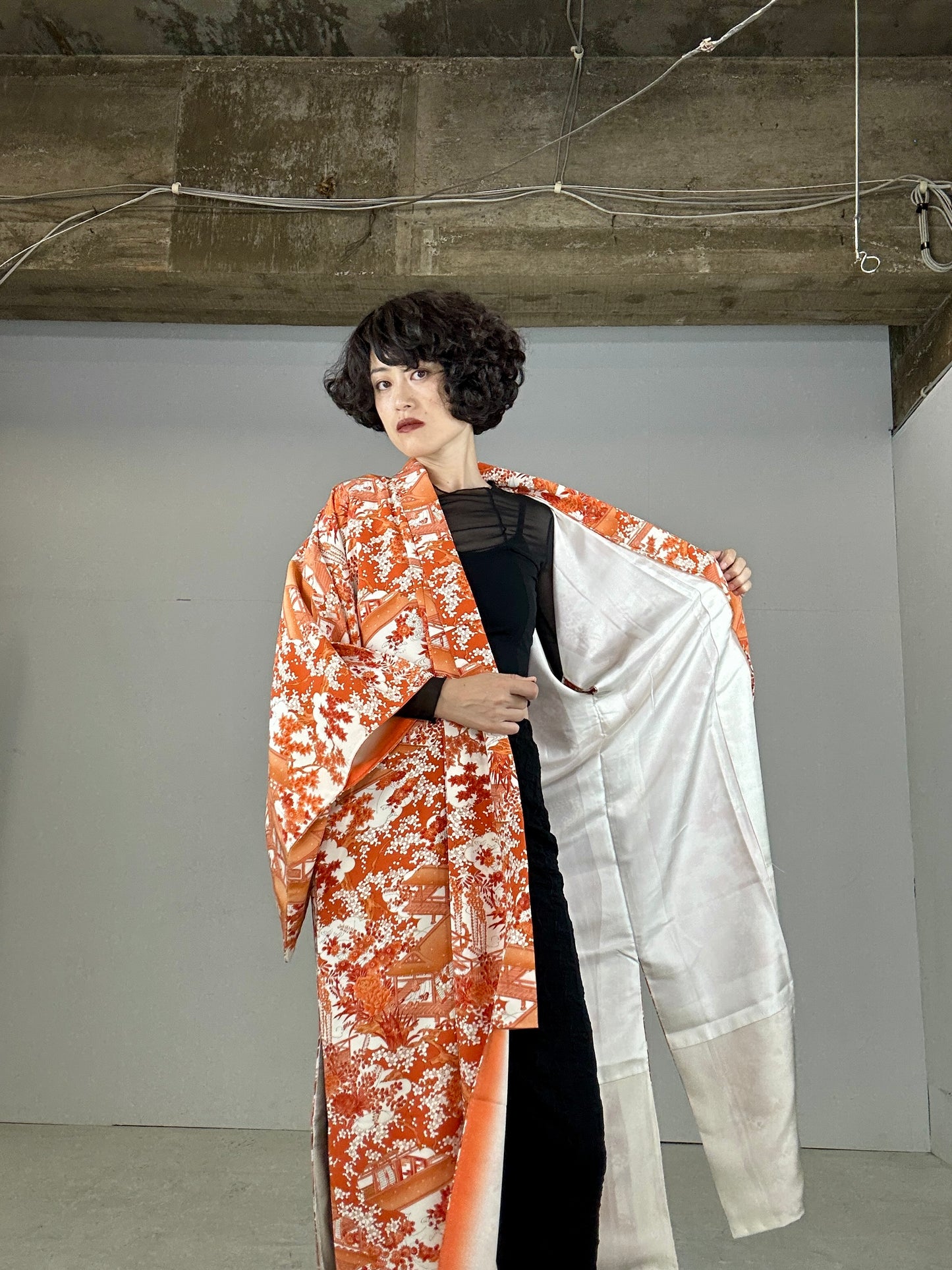 Kimono dress gown and string belt upcycled from Japanese kimono "komon orange shikikusabana"