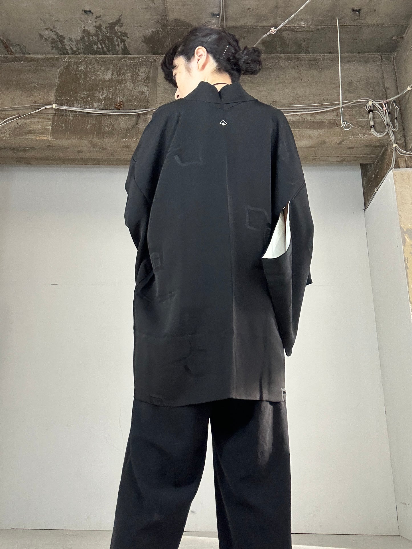 VINTAGE BLACK HAORI "ground pattern, leaf”