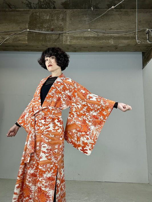 Kimono dress gown and string belt upcycled from Japanese kimono "komon orange shikikusabana"