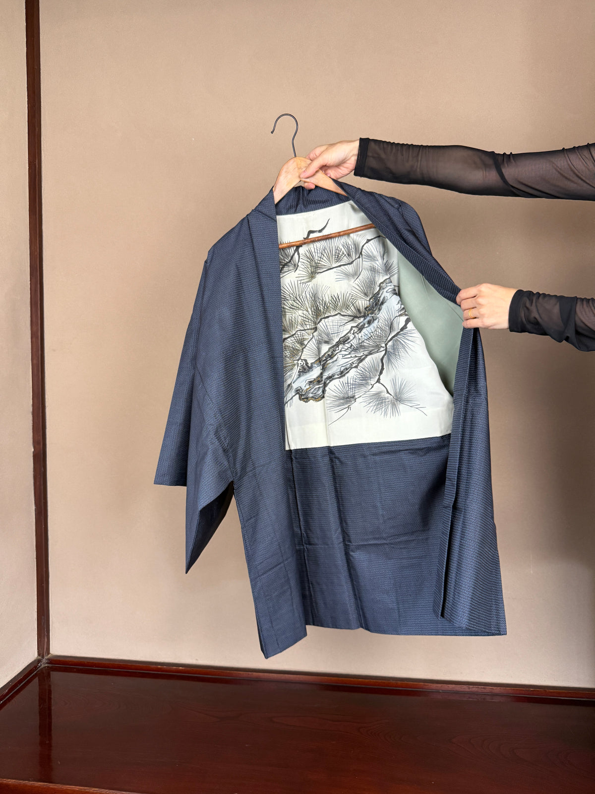 VINTAGE KAWAII HAORI oversized  "oshima, blue, matu , 058"