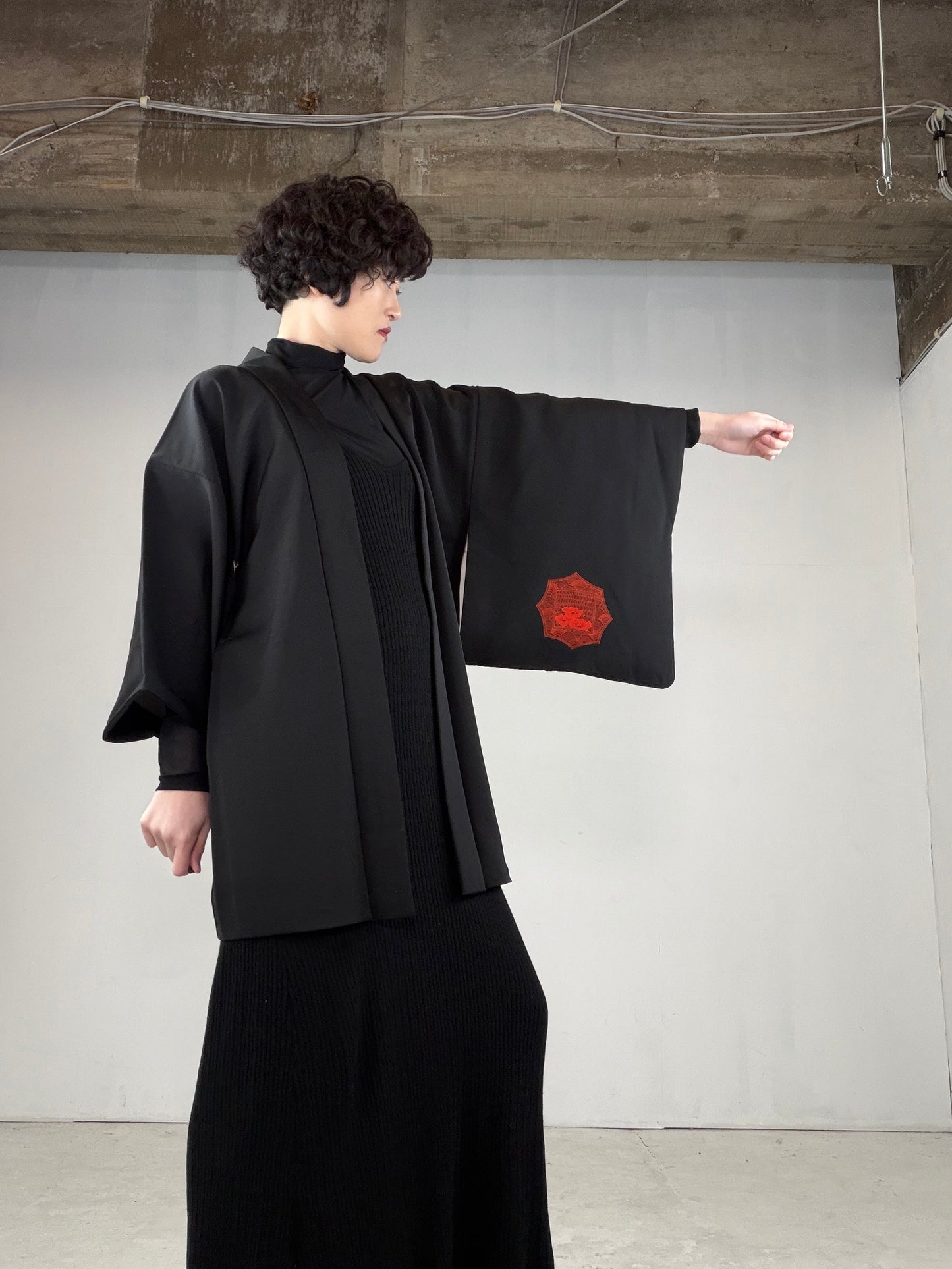 VINTAGE BLACK HAORI  "red, BLK141"