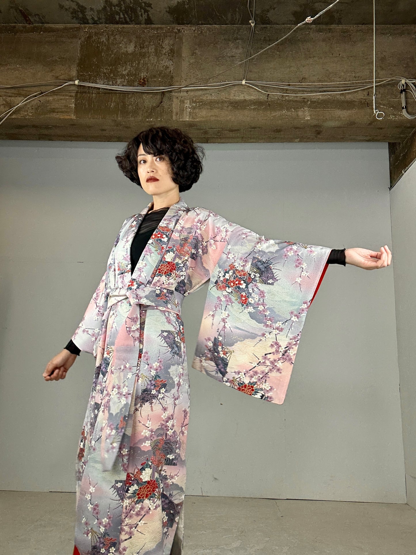 Kimono dress gown and string belt upcycled from Japanese kimono "Shiki kusabana"