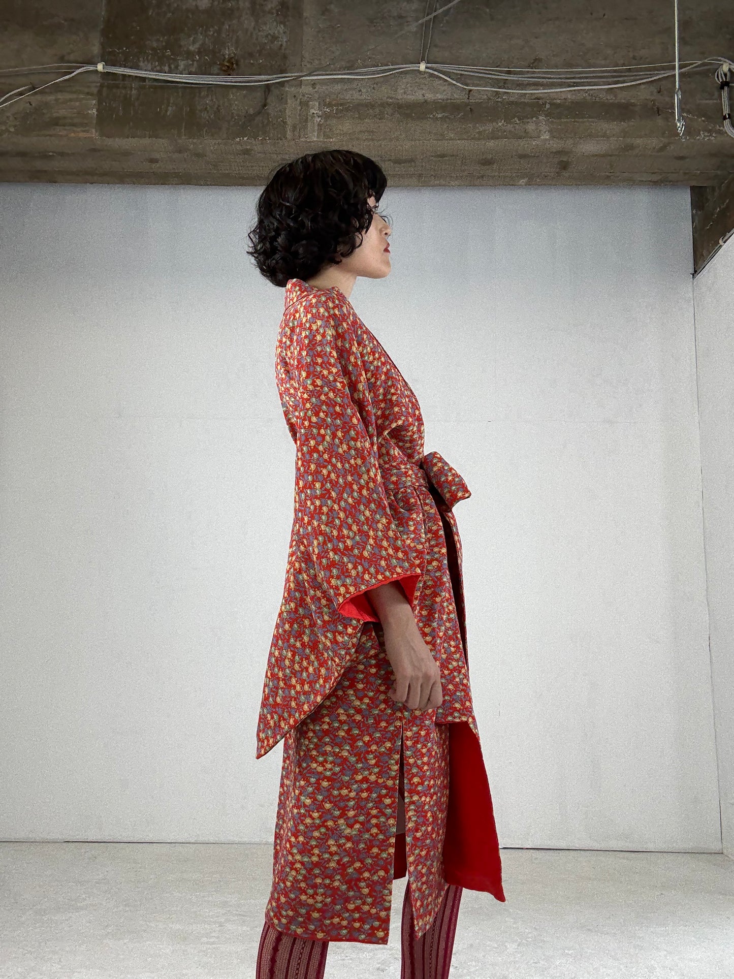 Kimono dress gown and string belt upcycled from Japanese kimono "tachibana" Big Ribbon