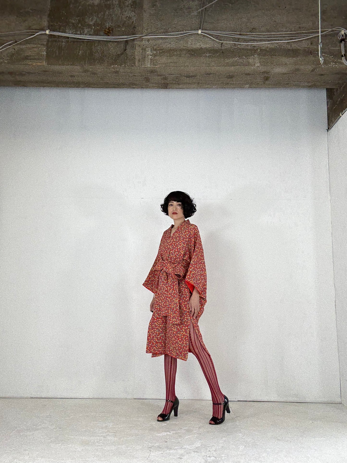 Kimono dress gown and string belt upcycled from Japanese kimono "tachibana" Big Ribbon