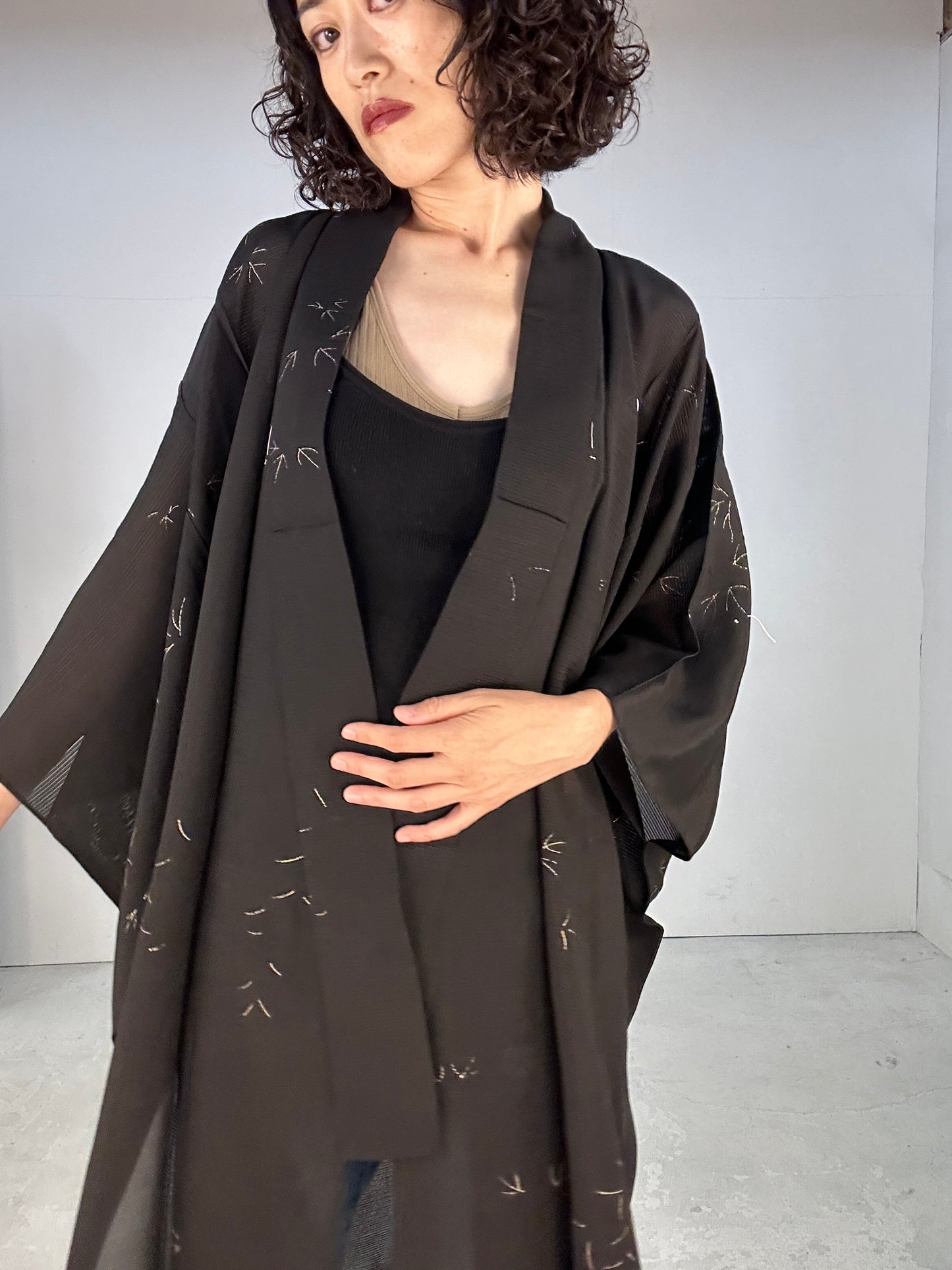 SHEER kimono dress gown and string belt upcycled from Japanese kimono "kin ashiato"