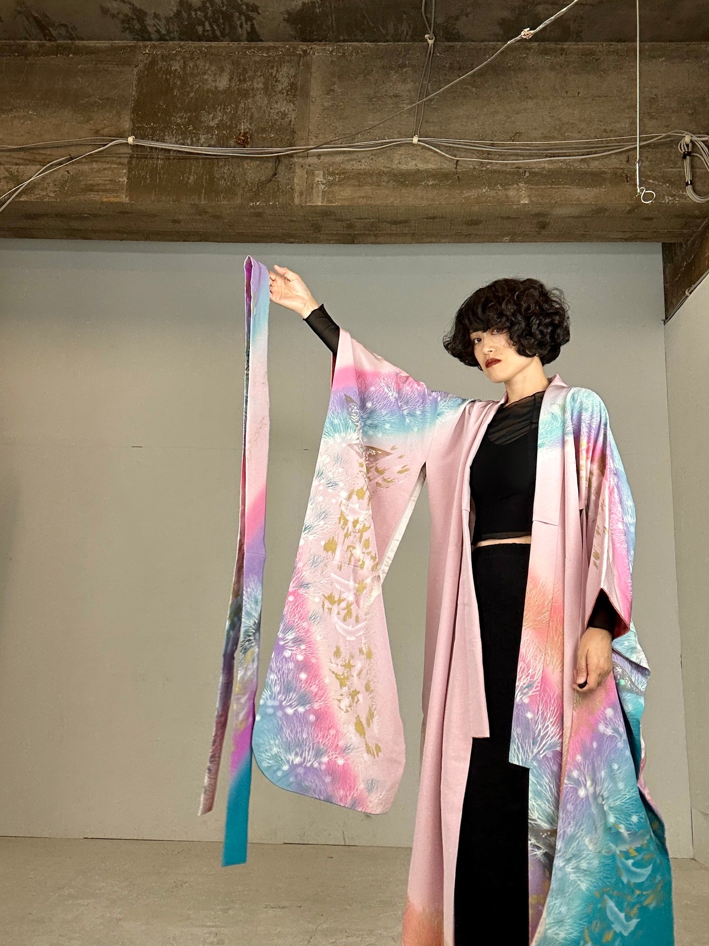 Furisode Kimono dress gown and string belt upcycled from Japanese kimono "sky gradient bird"