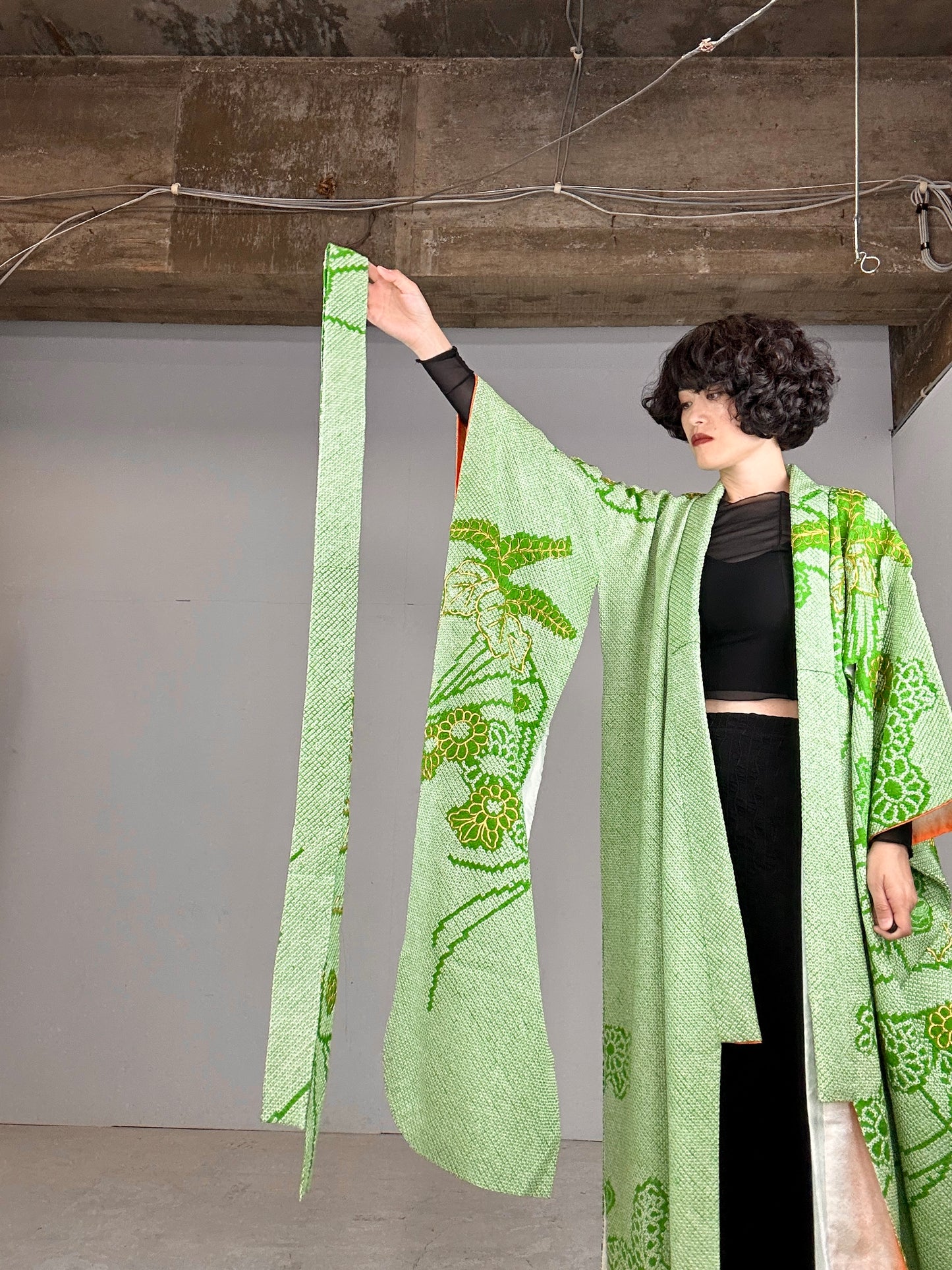 Furisode Kimono dress gown and string belt upcycled from Japanese kimono "shibori green"