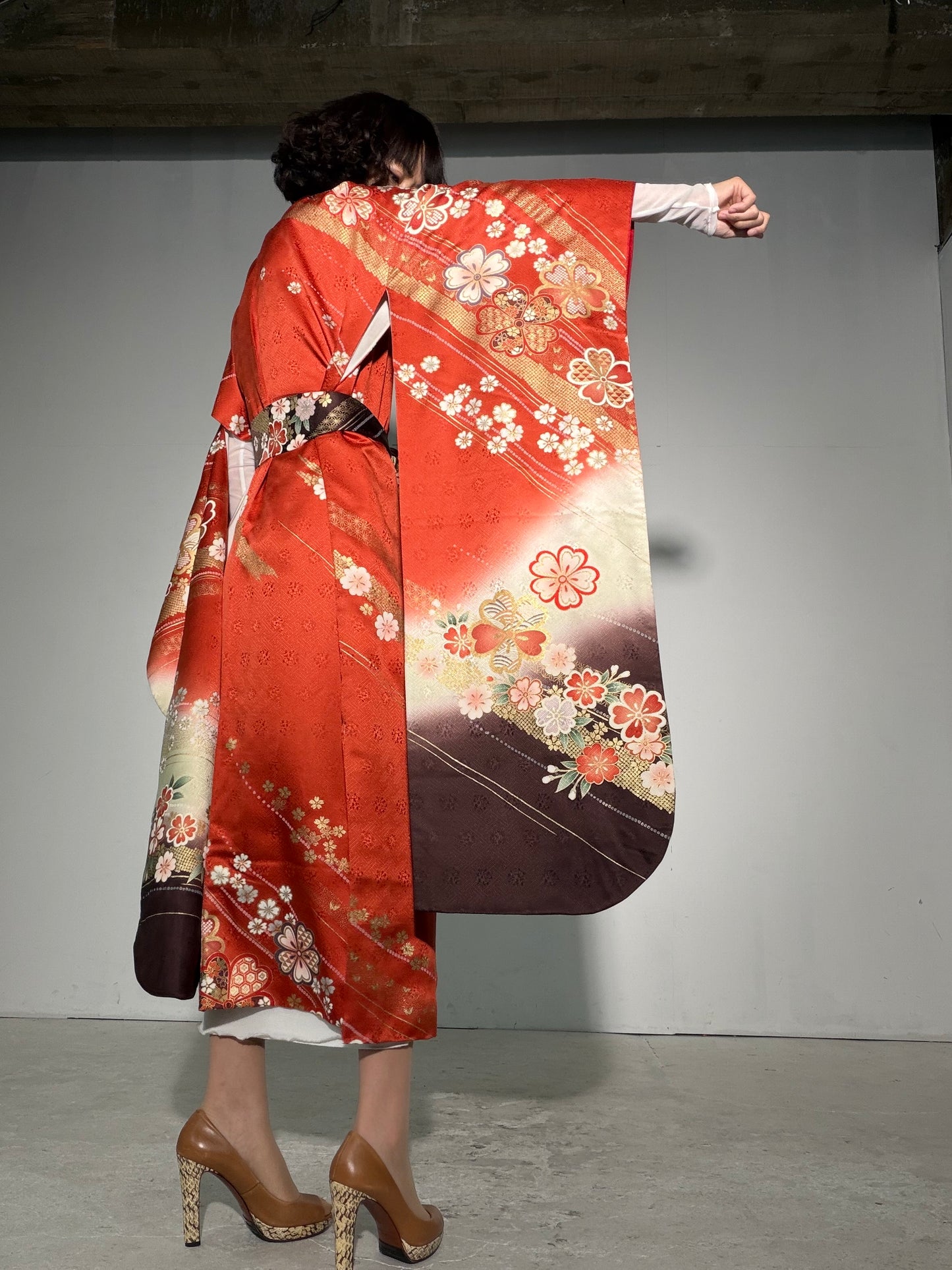 Furisode Kimono Dress Gown with String Belt – Upcycled from Vintage Japanese Kimono "red, cha, DRE037"