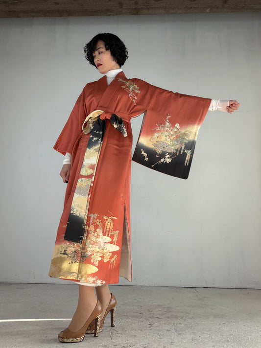 Houmongi Kimono Dress Gown with String Belt – Upcycled from Vintage Japanese Kimono "susokuro, DRE030"