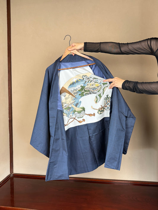 VINTAGE KAWAII HAORI oversized  "oshima, blue , emaki , fuji , ocha , 043" shoshi-ari