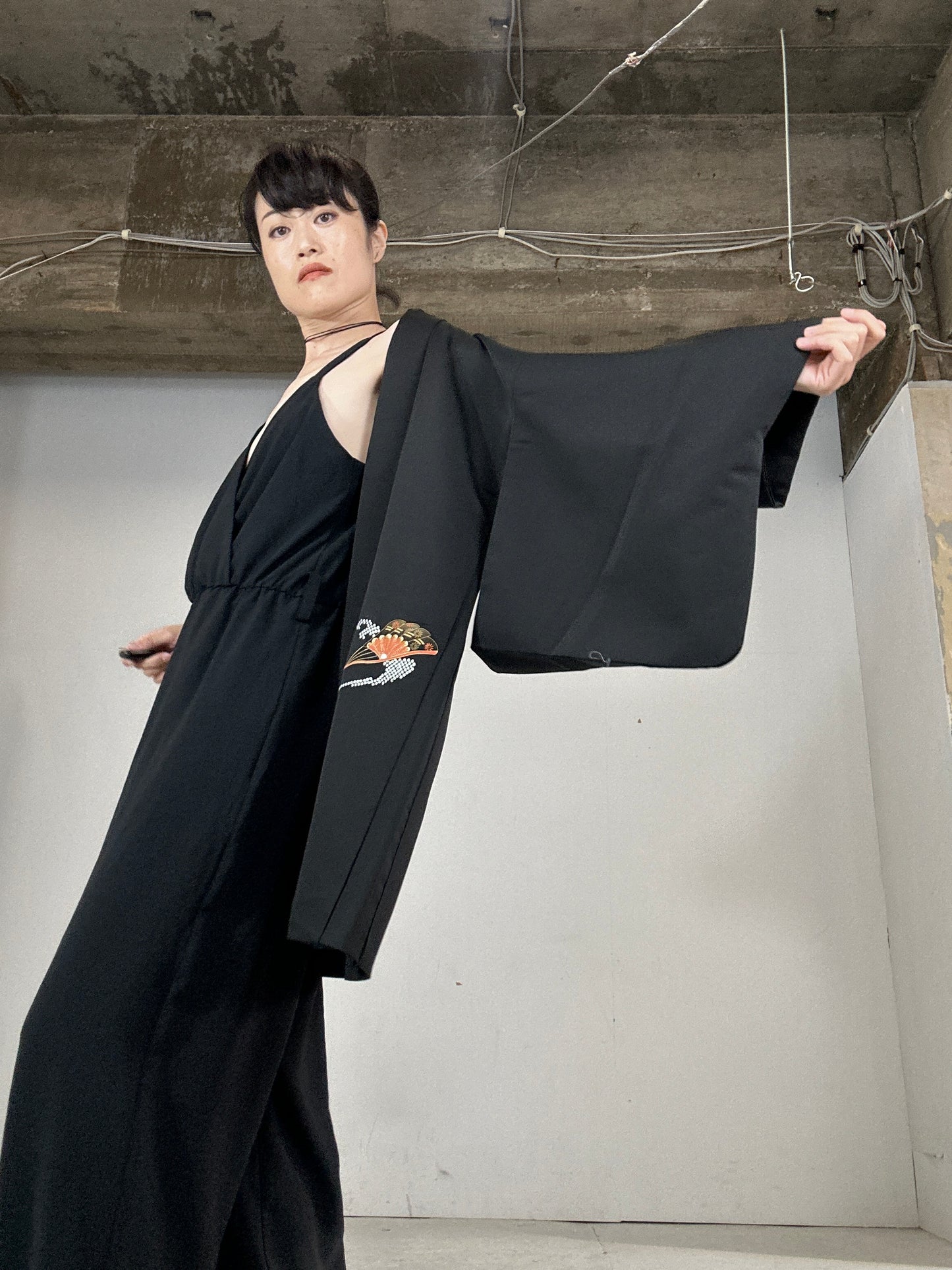 VINTAGE BLACK HAORI "ougi"