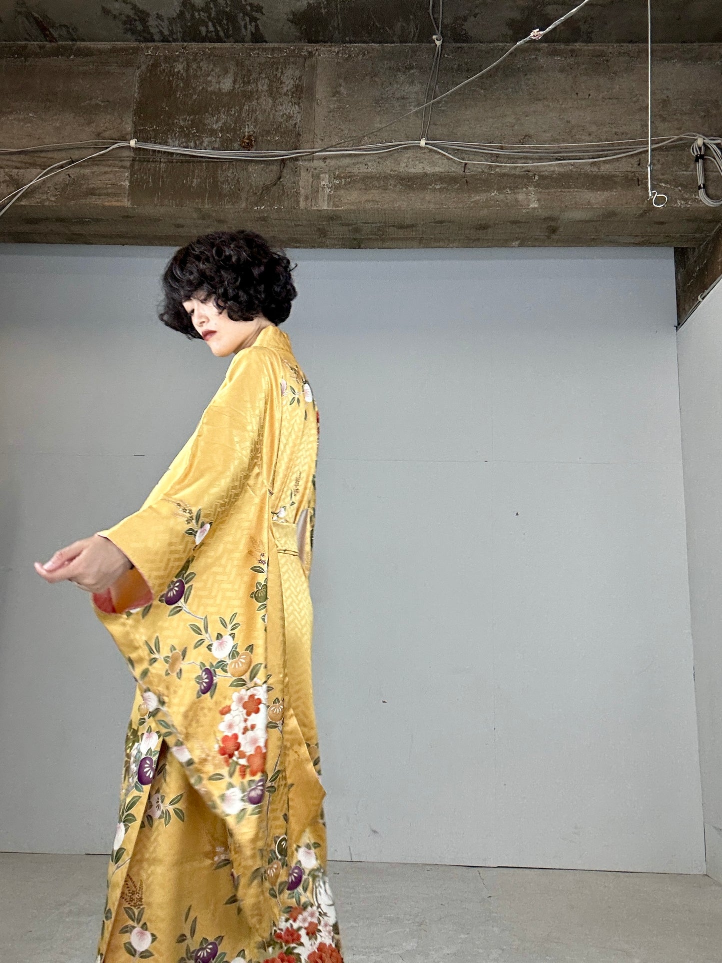 Furisode Kimono dress gown and string belt upcycled from Japanese kimono "yellow"