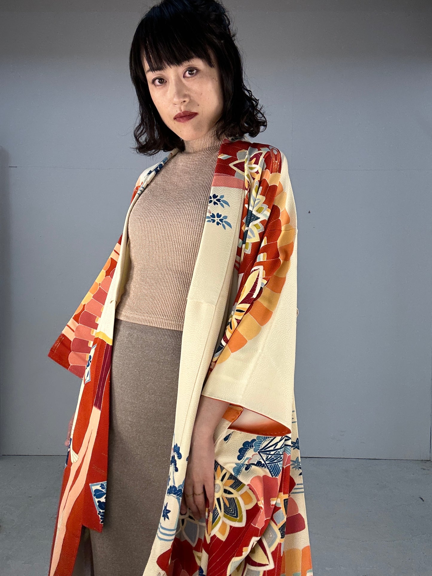 Furisode Kimono dress gown and string belt upcycled from Japanese kimono "furisode aka"