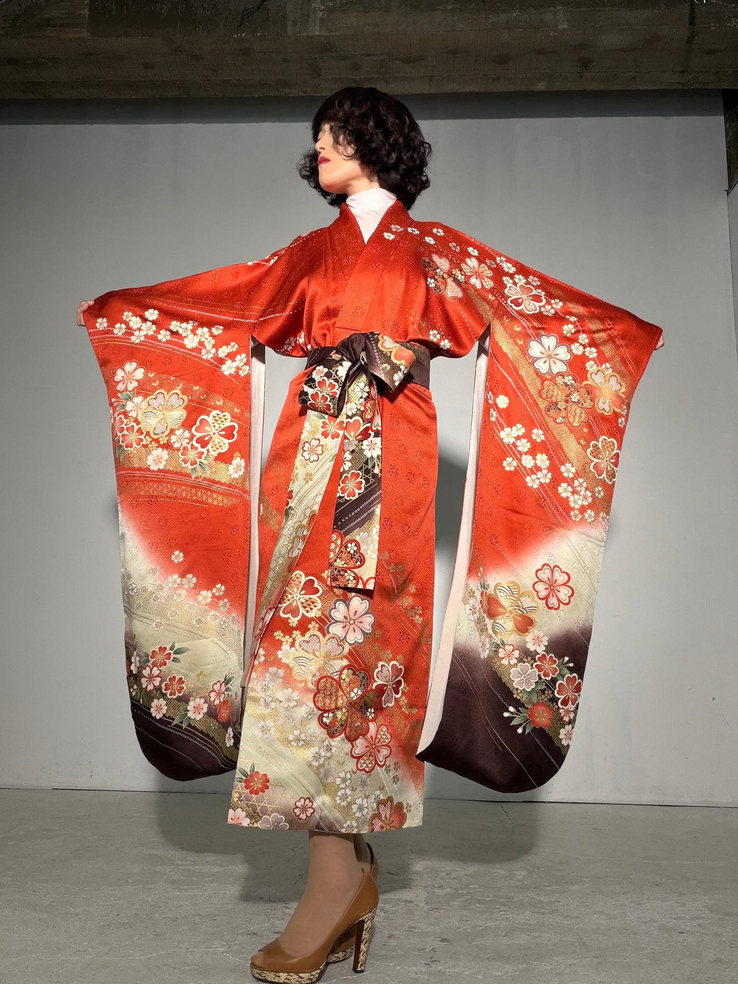 Furisode Kimono Dress Gown with String Belt – Upcycled from Vintage Japanese Kimono "red, cha, DRE037"