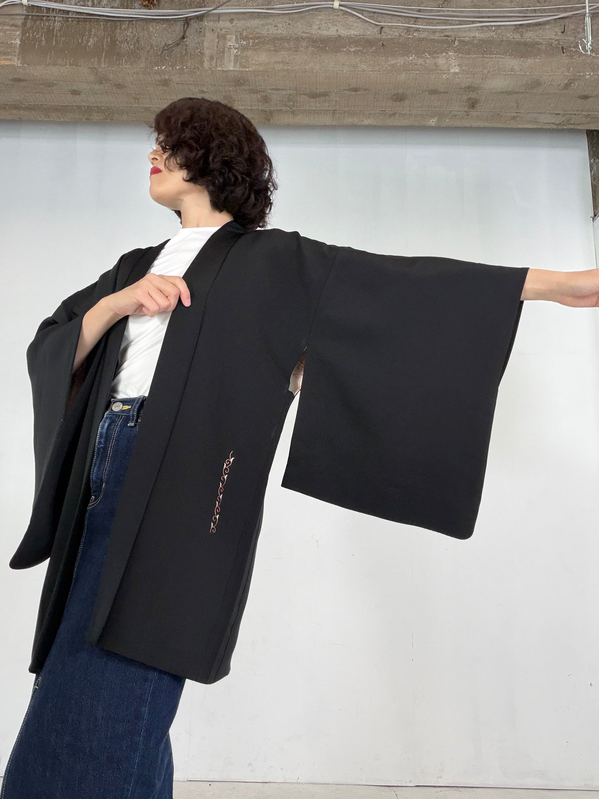 VINTAGE BLACK HAORI  "embroidery, BLK207"