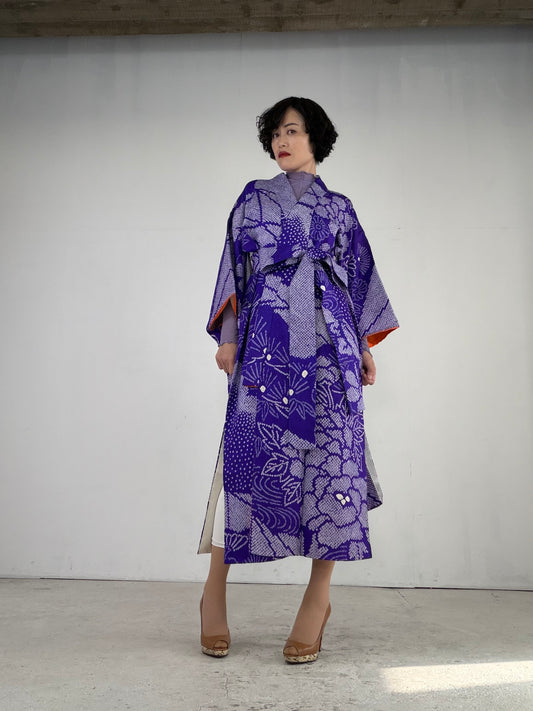 Furisode Kimono Dress Gown with String Belt – Upcycled from Vintage Japanese Kimono "shibori, ,murasaki, DRE022"