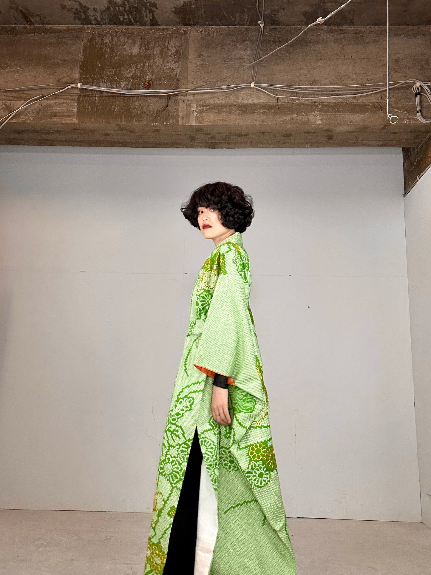 Furisode Kimono dress gown and string belt upcycled from Japanese kimono "shibori green"