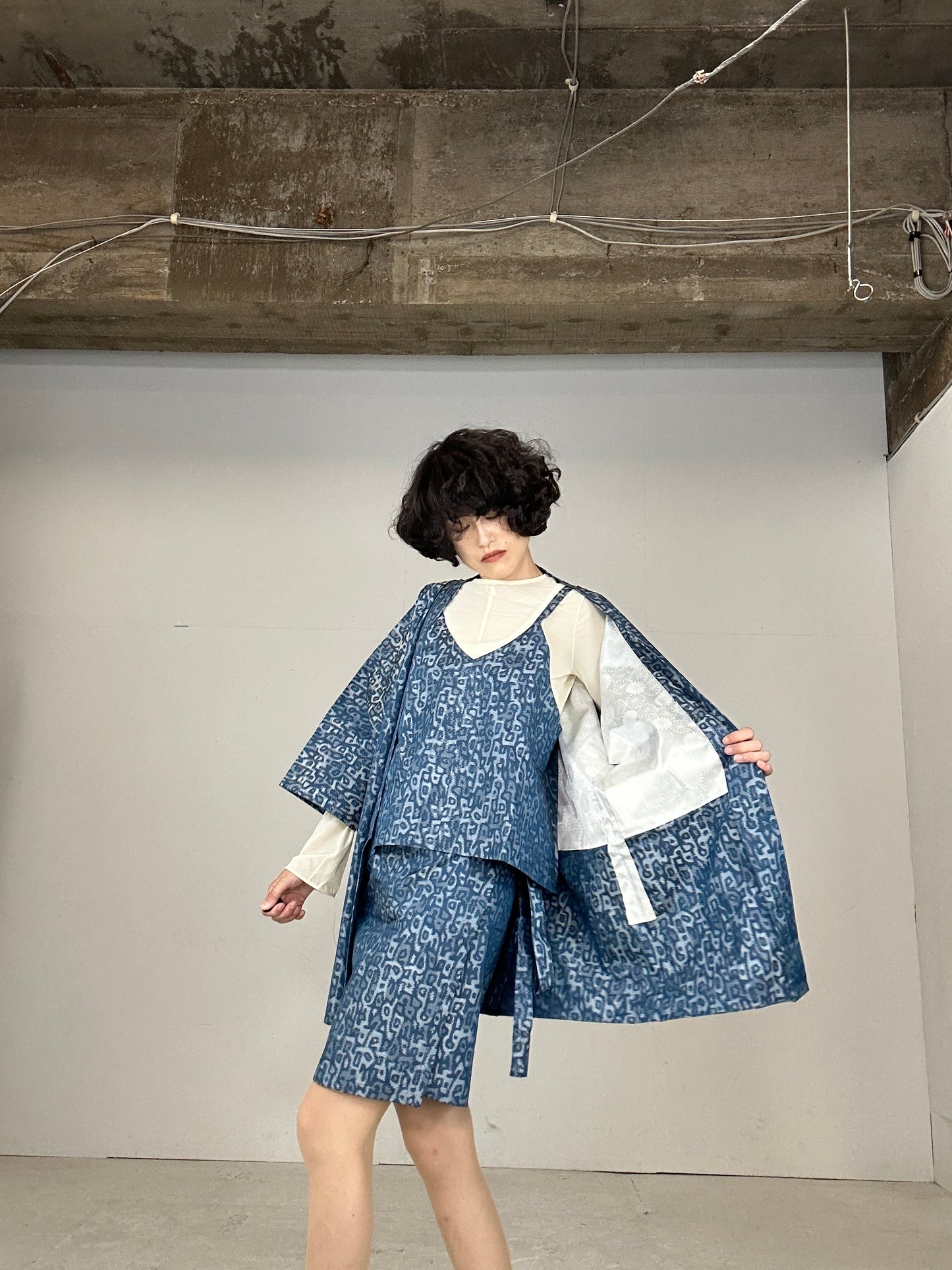 Tsumugi HAORI and KIMONO Skirt, Camisole upcycled from Japanese kimono"sarasa blue"