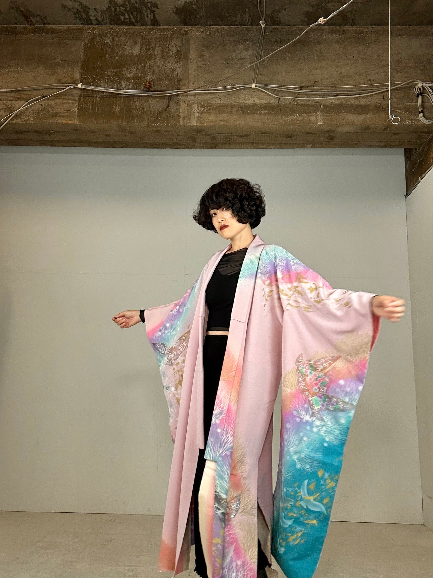 Furisode Kimono dress gown and string belt upcycled from Japanese kimono "sky gradient bird"