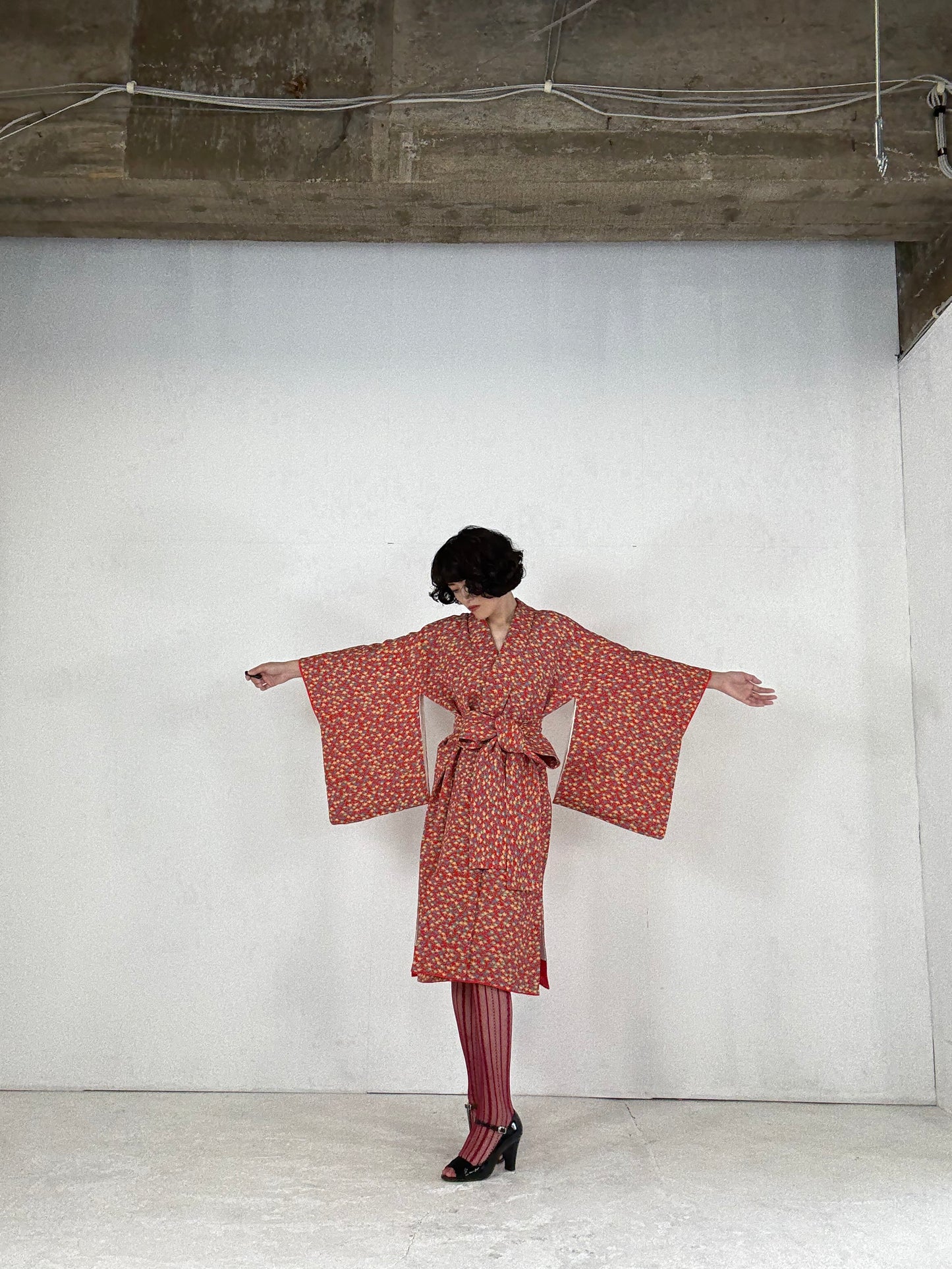 Kimono dress gown and string belt upcycled from Japanese kimono "tachibana" Big Ribbon