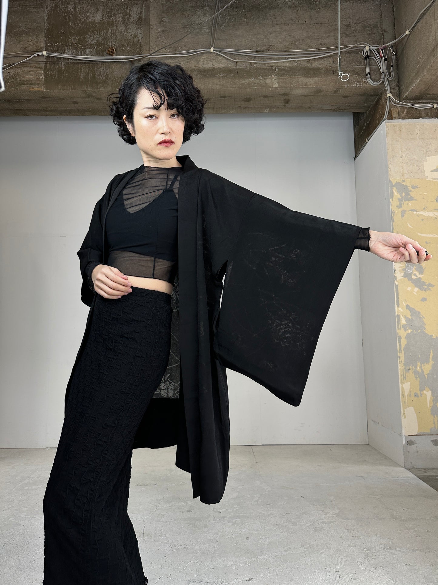 VINTAGE BLACK HAORI SHEER “ryusui_nadeshiko”