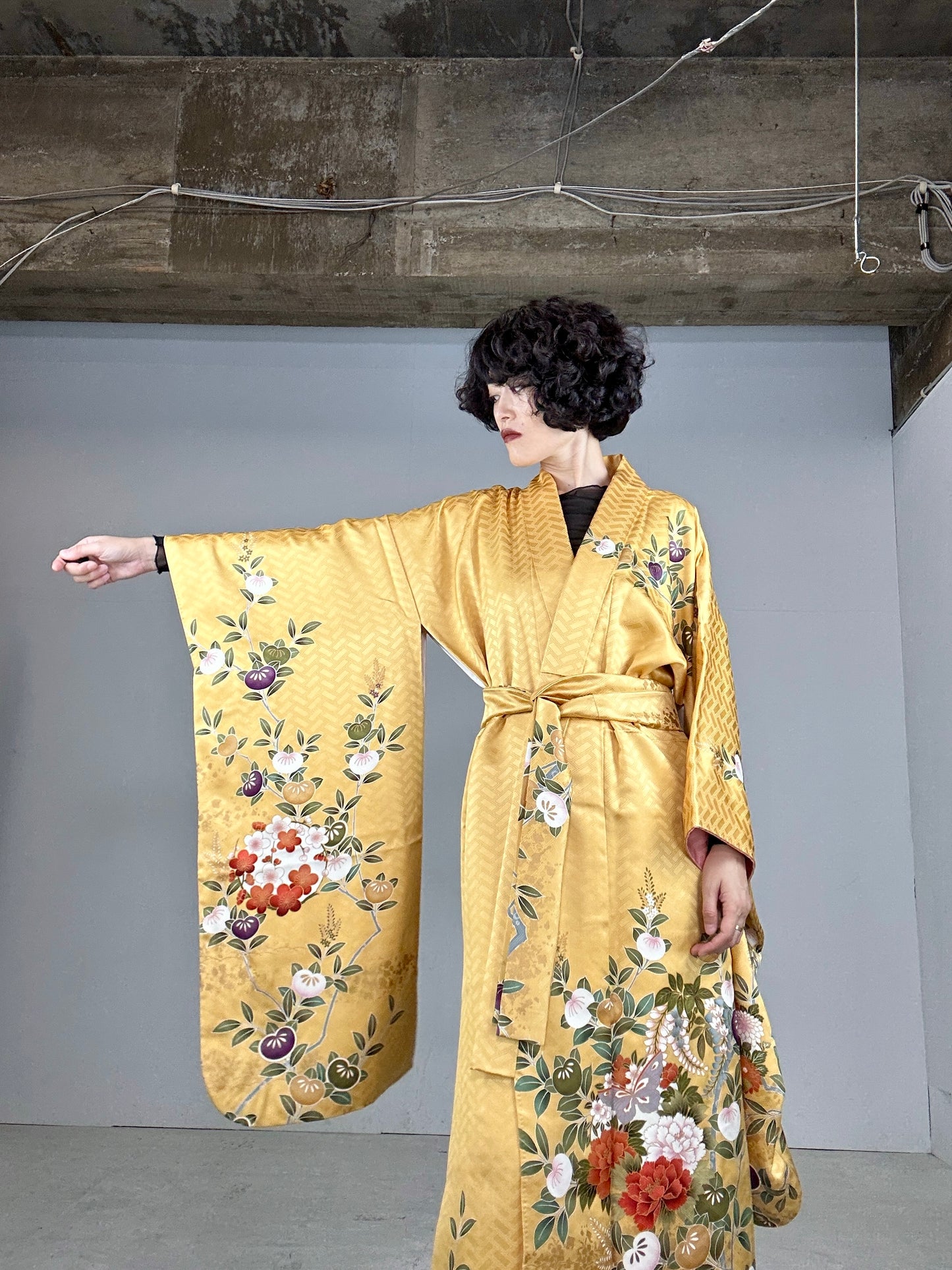 Furisode Kimono dress gown and string belt upcycled from Japanese kimono "yellow"