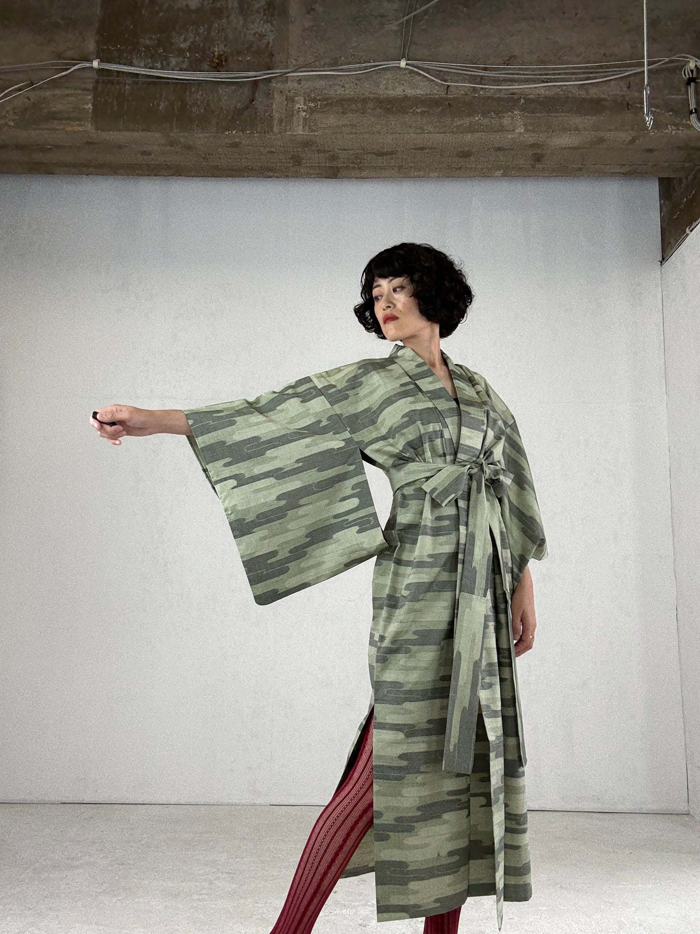 Kimono dress gown and string belt upcycled from Japanese kimono "tsumugi cloud pattern" :damage