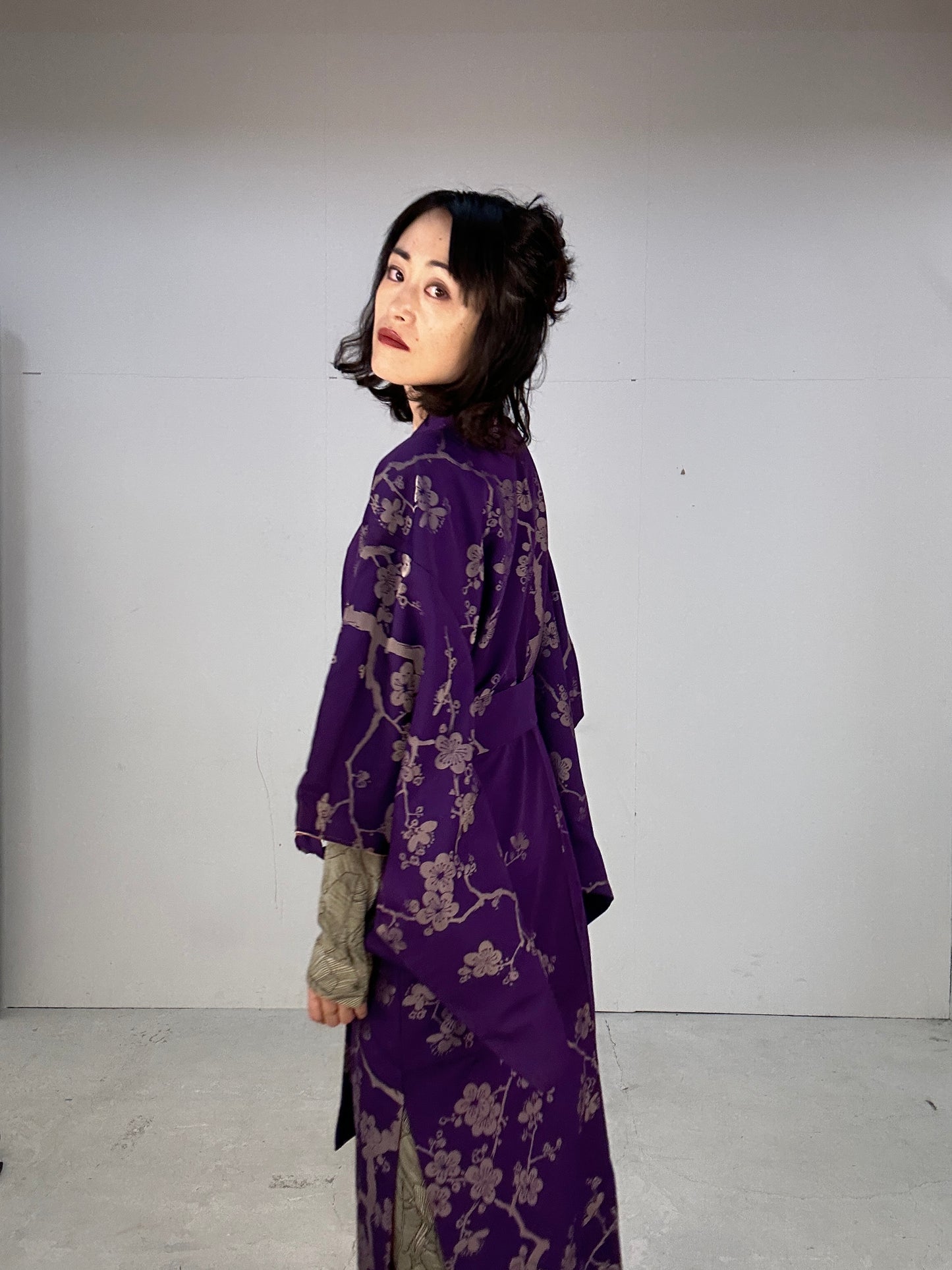 Kimono dress gown and string belt upcycled from Japanese kimono "komon ume"