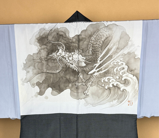 VINTAGE KAWAII HAORI oversized  "oshima, blue,  dragon 031"