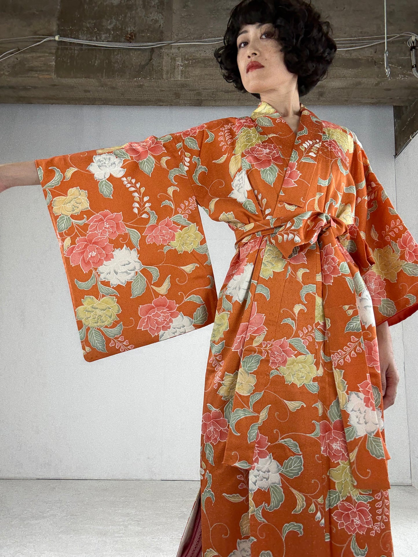Kimono dress gown and string belt upcycled from Japanese kimono "komon youbana" *damage