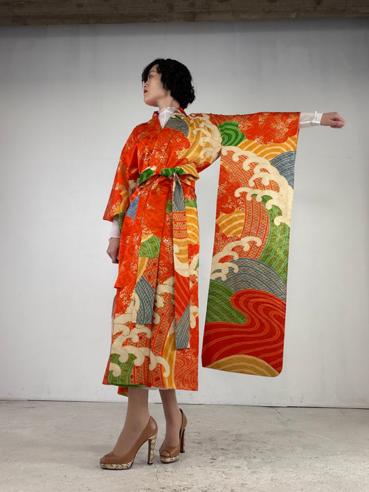 Furisode Kimono Dress Gown with String Belt – Upcycled from Vintage Japanese Kimono "orange, nami, DRE021"