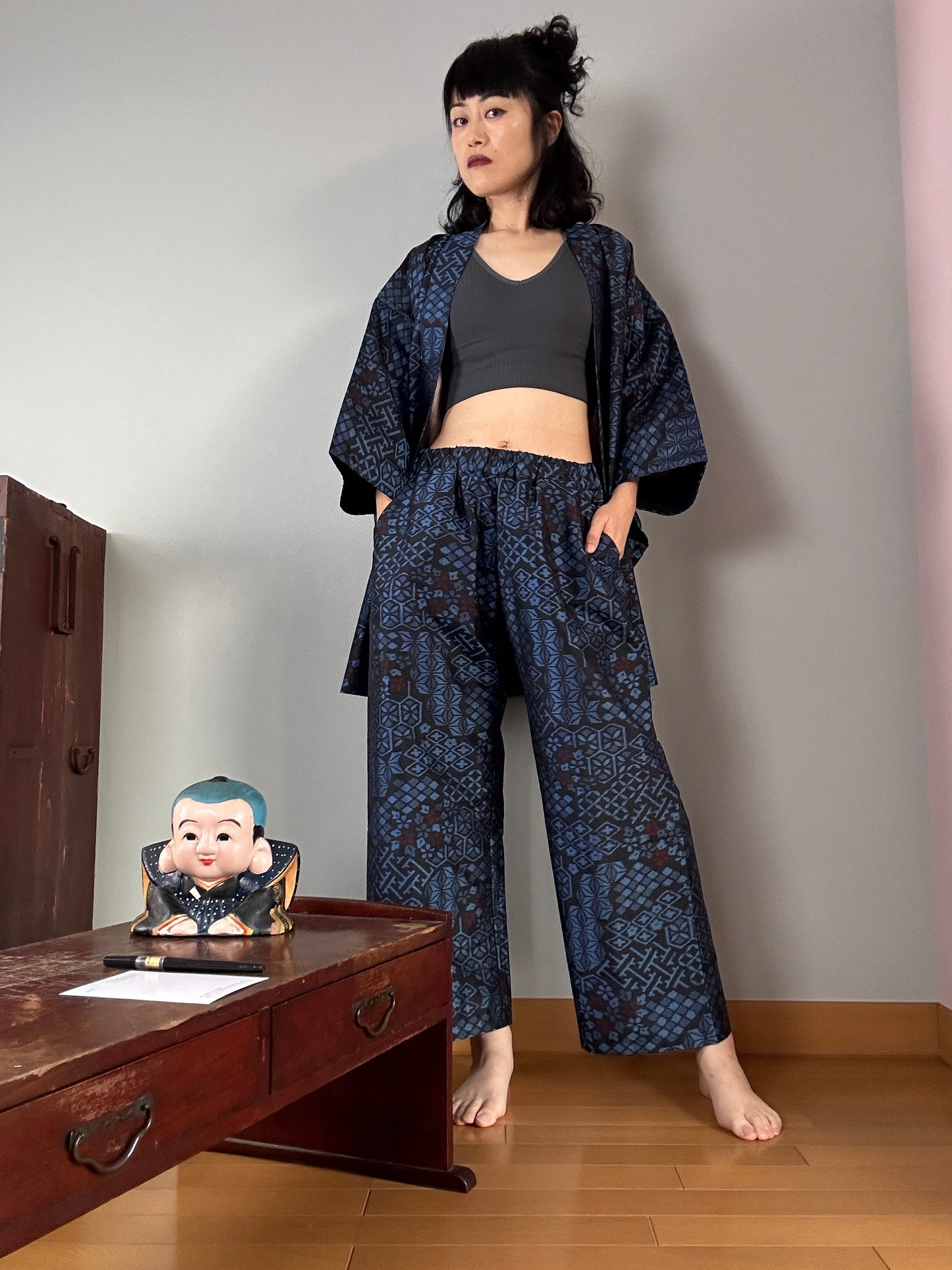 Oshima Tsumugi HAORI and KIMONO elastic waist pants(large size) upcycl –  MACHIKO KIMONO Japanese Kimonos, Vintage & Upcycled