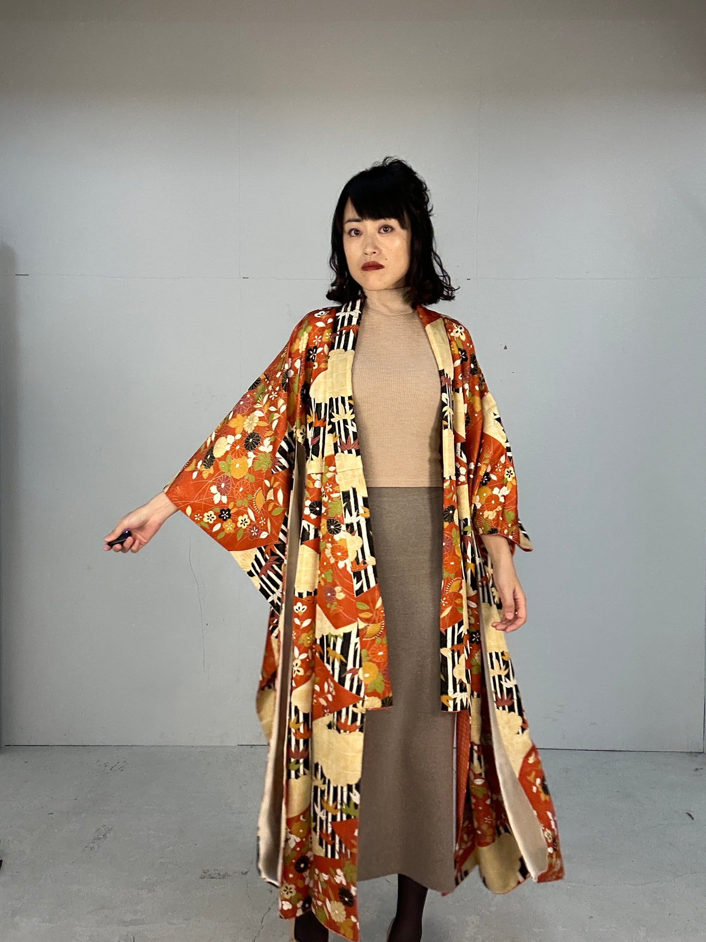 Furisode Kimono dress gown and string belt upcycled from Japanese kimono "furisode kuro"