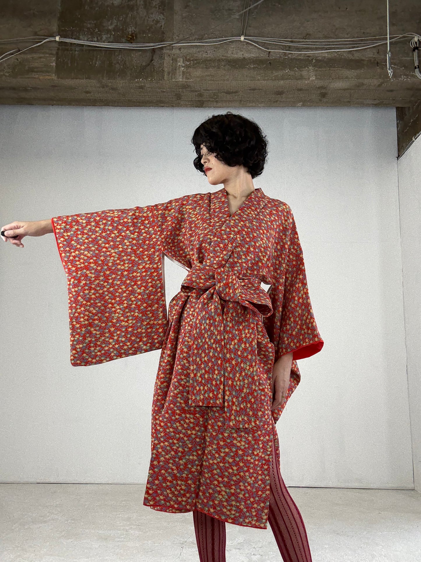 Kimono dress gown and string belt upcycled from Japanese kimono "tachibana" Big Ribbon