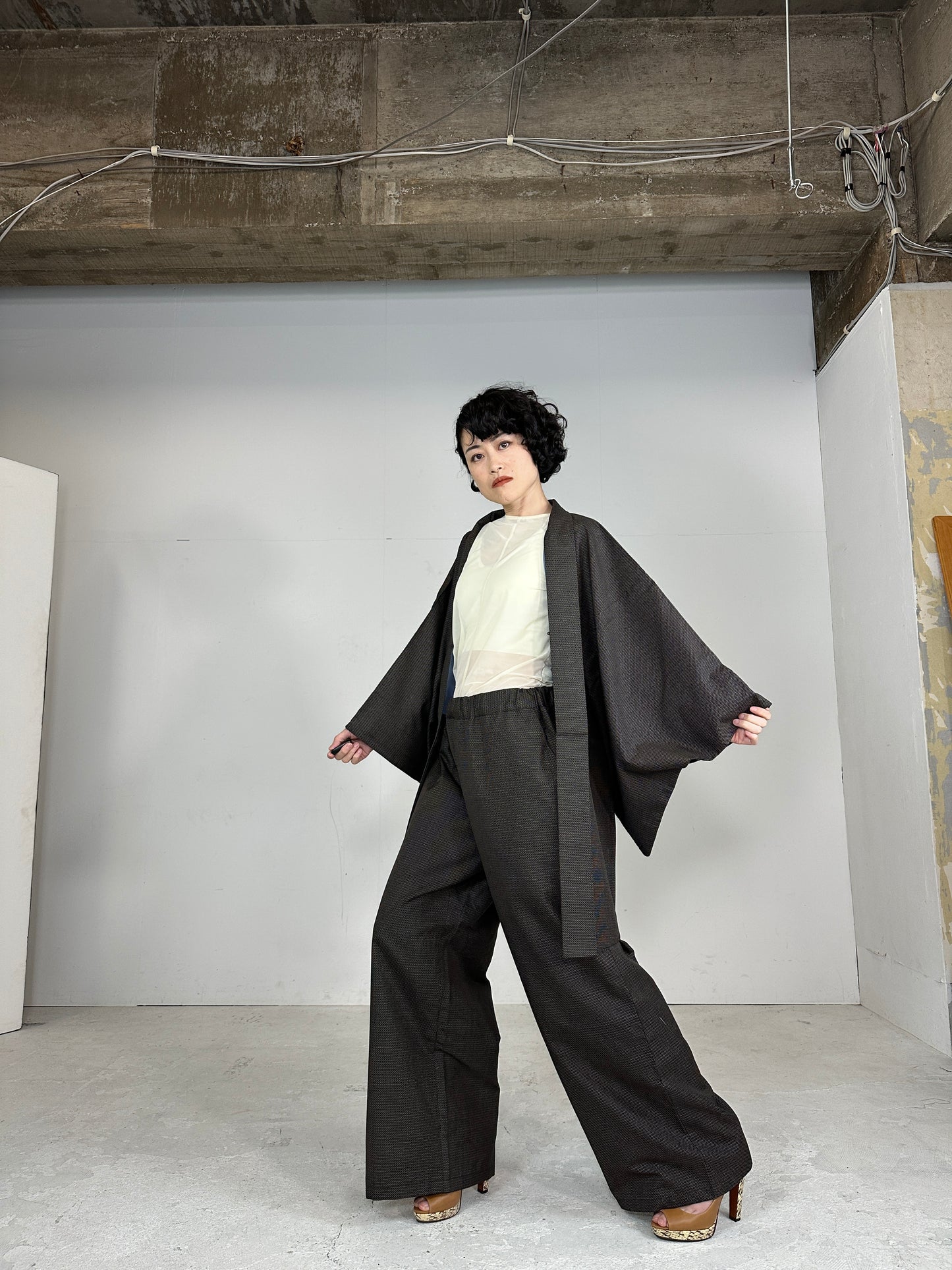 Tsumugi HAORI  and KIMONO elastic waist pants(large size) upcycled from Japanese kimono(Unisex)"iwayaguchi"