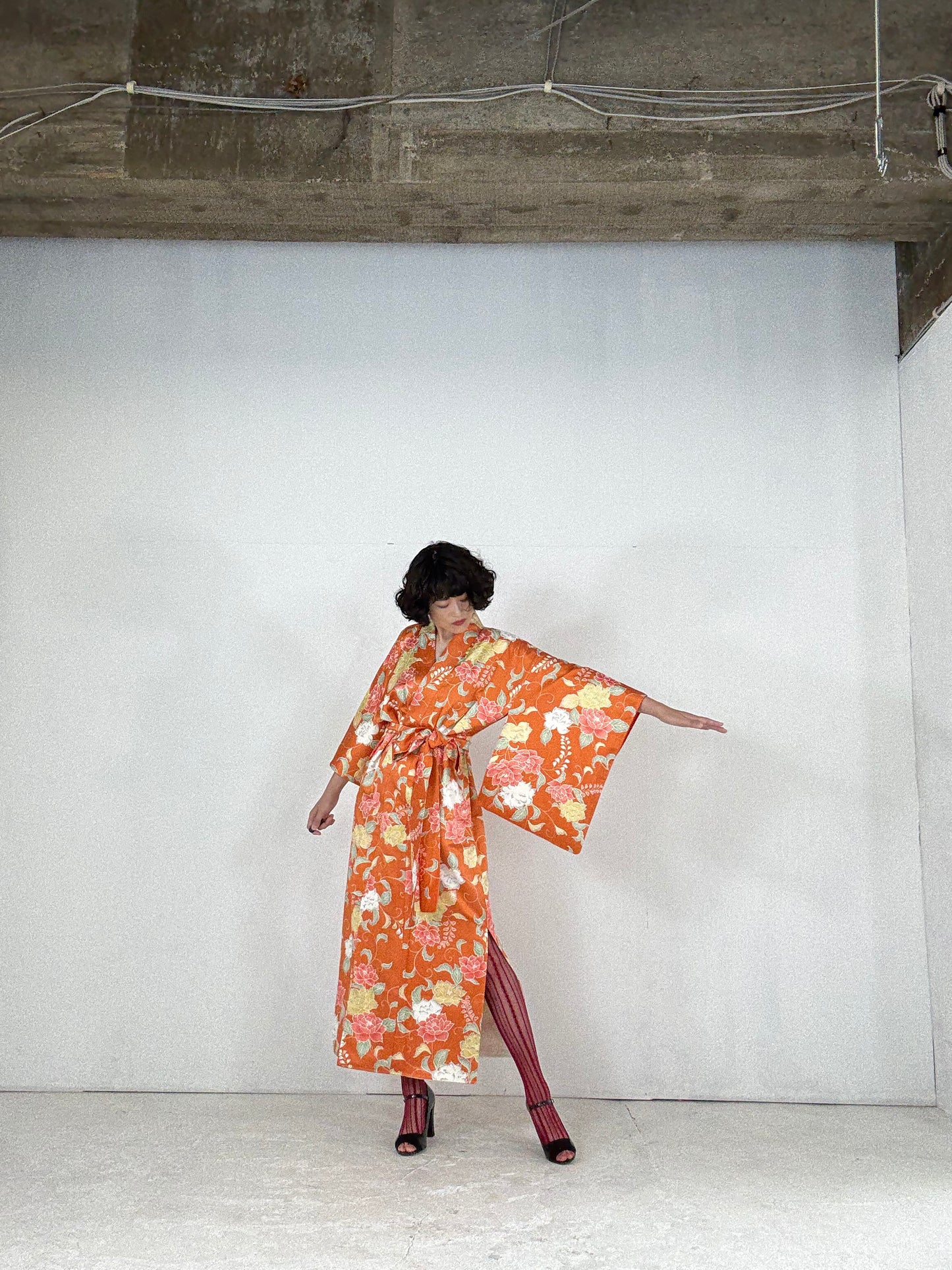 Kimono dress gown and string belt upcycled from Japanese kimono "komon youbana" *damage