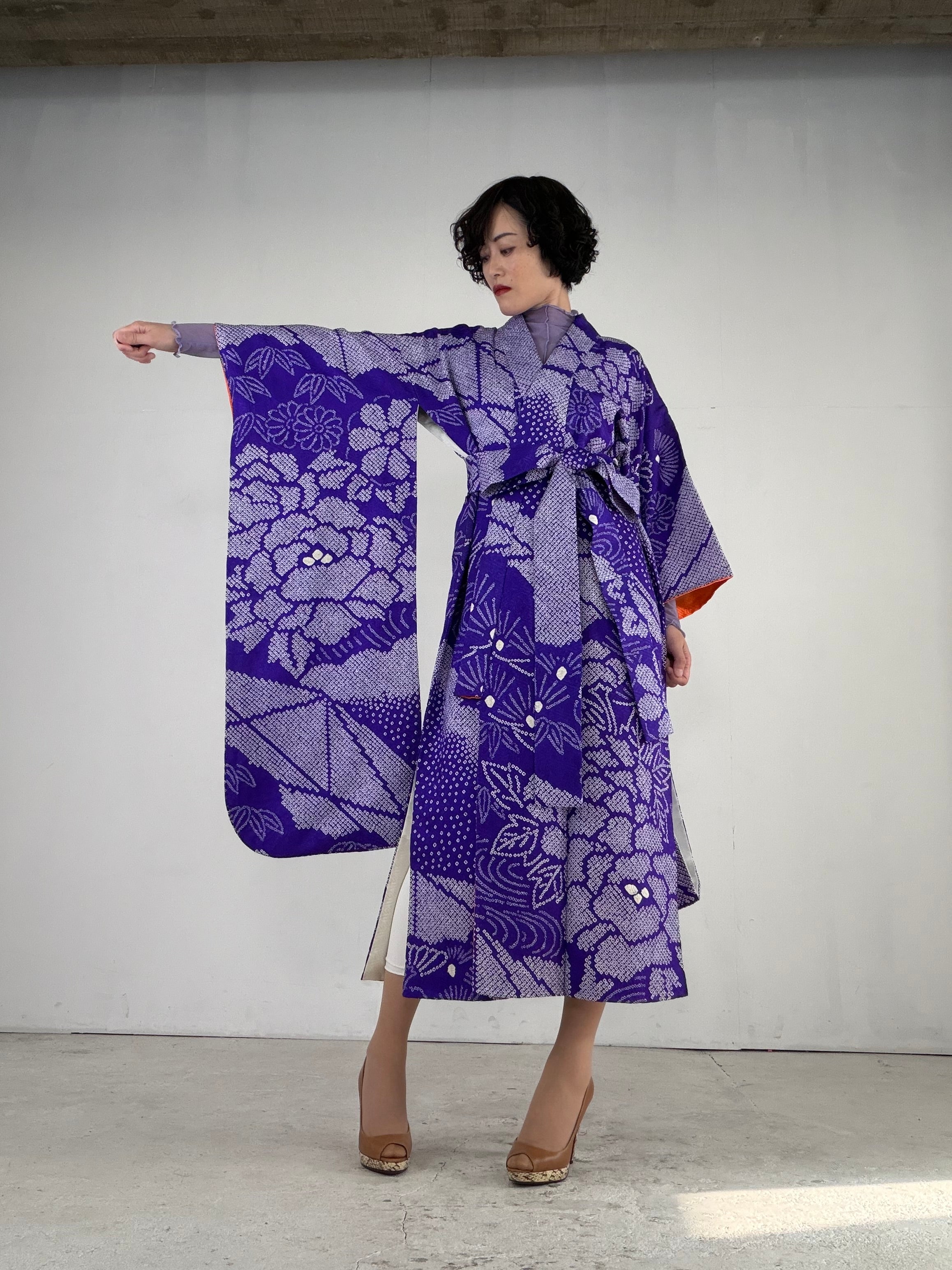 Furisode Kimono Dress Gown with String Belt – Upcycled from