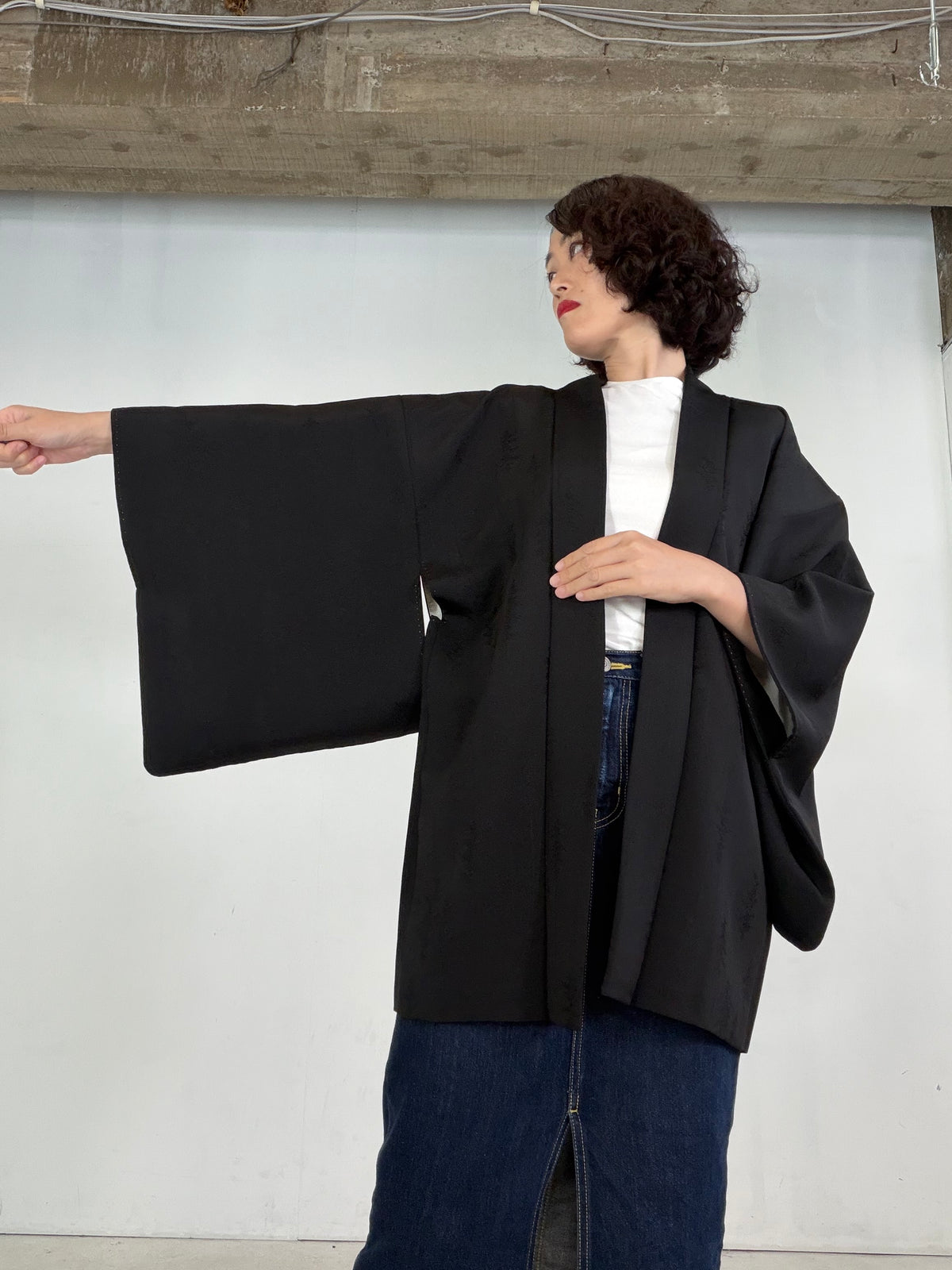 VINTAGE BLACK HAORI  " Wood Motif - BLK211"