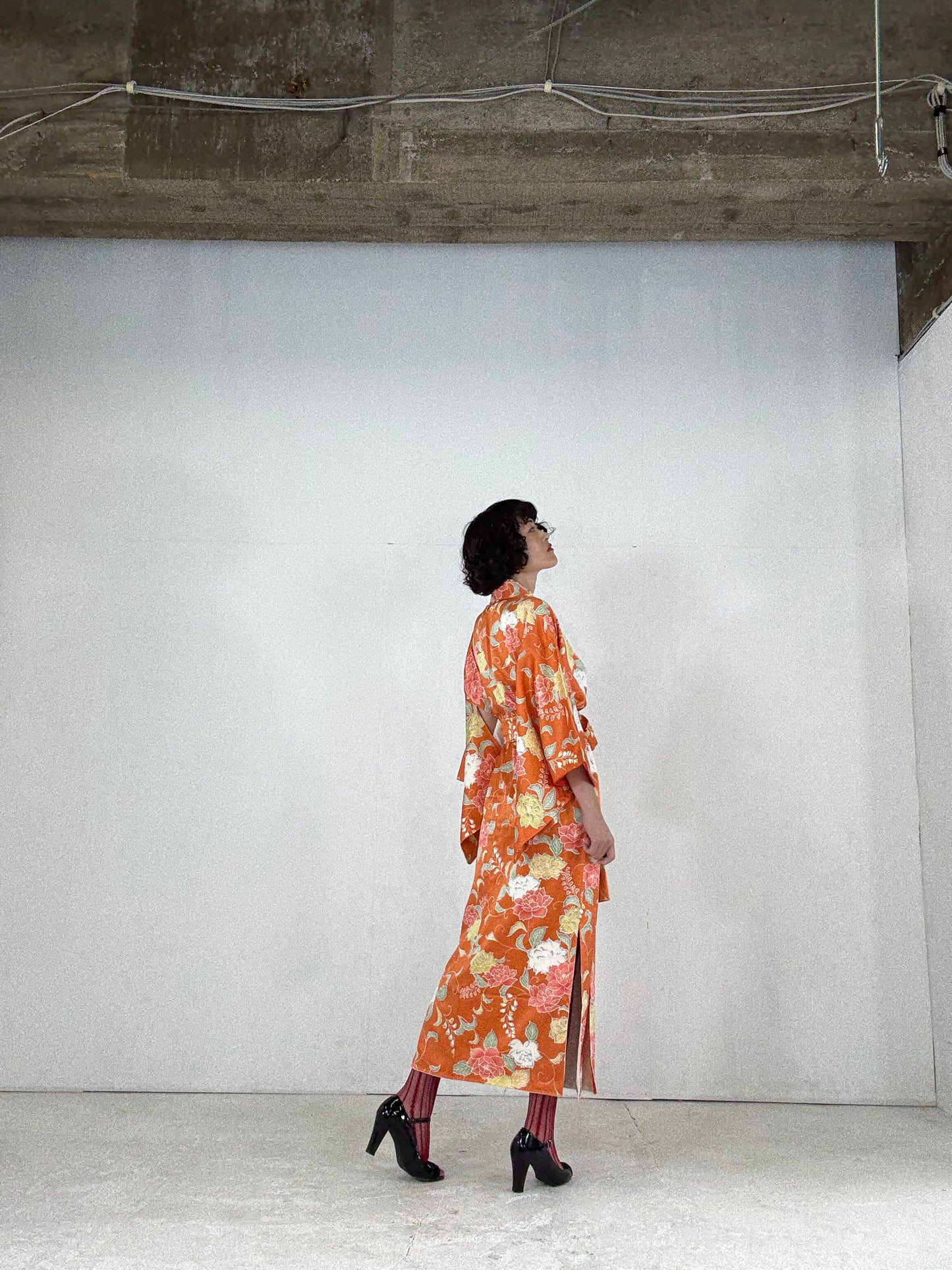 Kimono dress gown and string belt upcycled from Japanese kimono "komon youbana" *damage