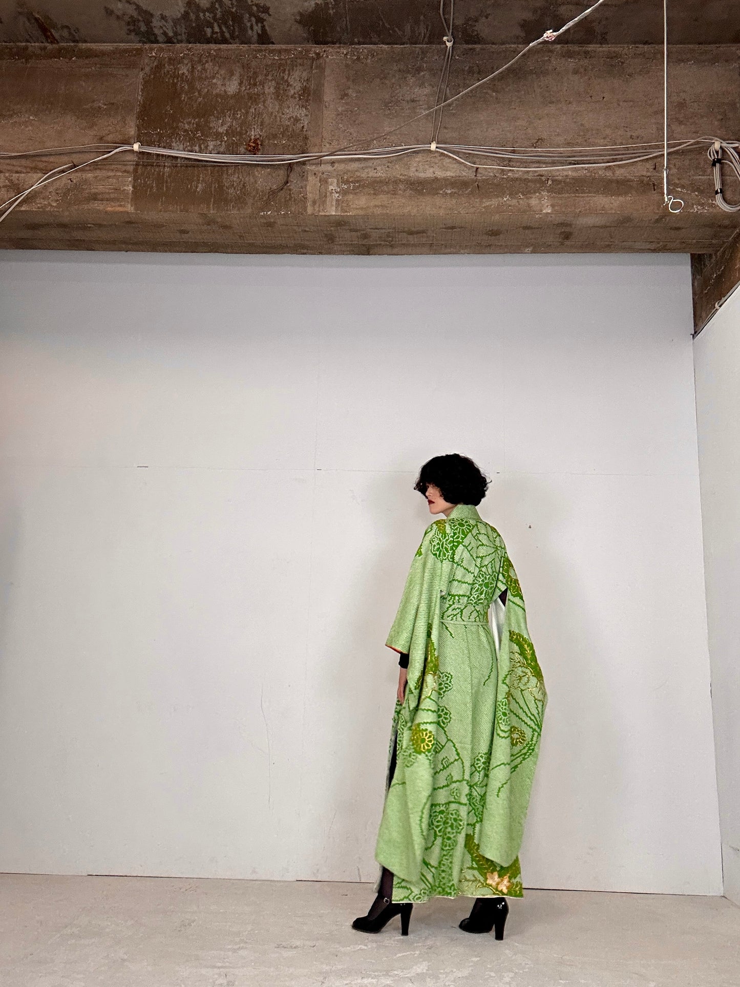 Furisode Kimono dress gown and string belt upcycled from Japanese kimono "shibori green"