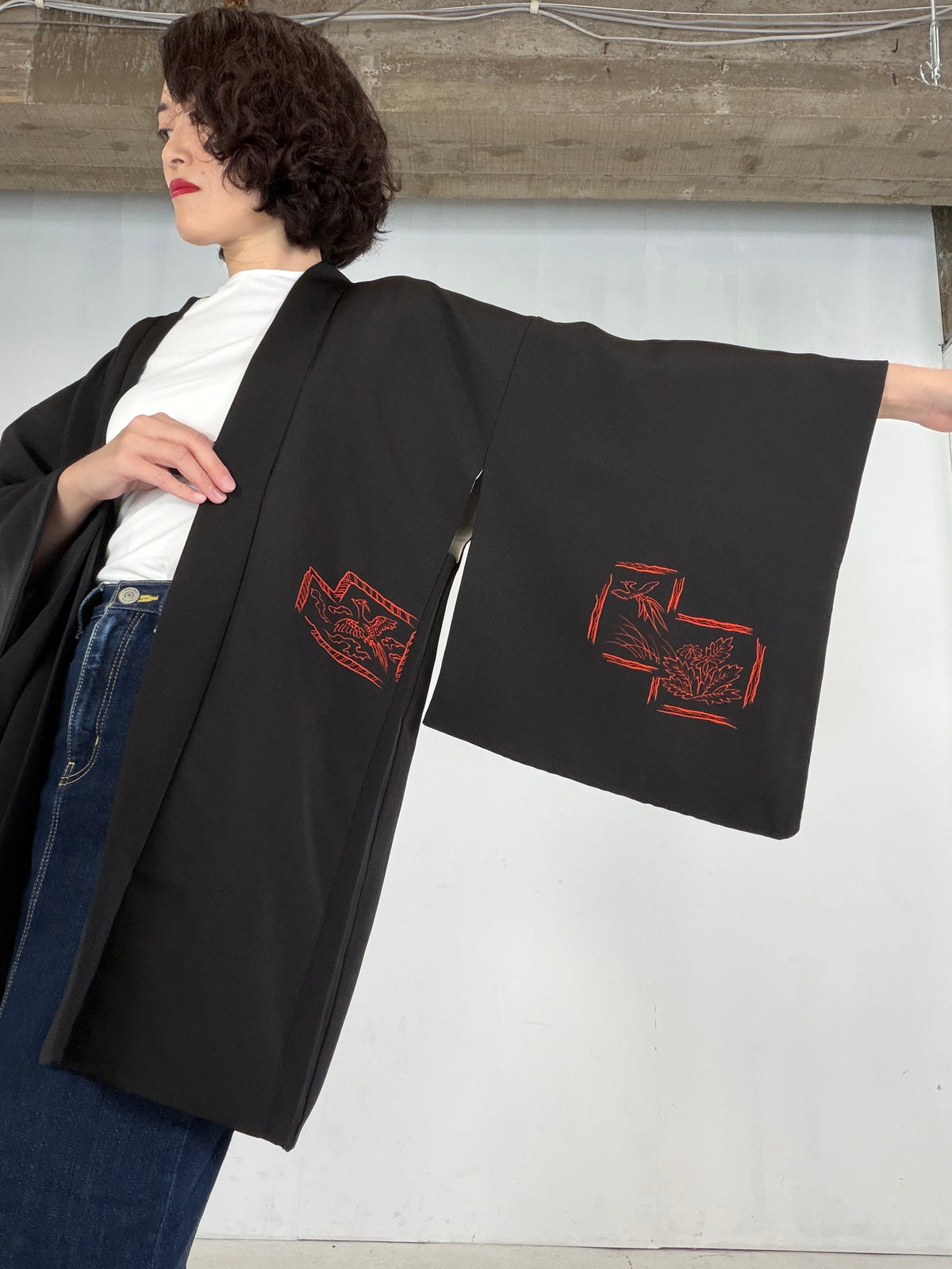 VINTAGE BLACK HAORI  "deer, rabbit, BLK206"