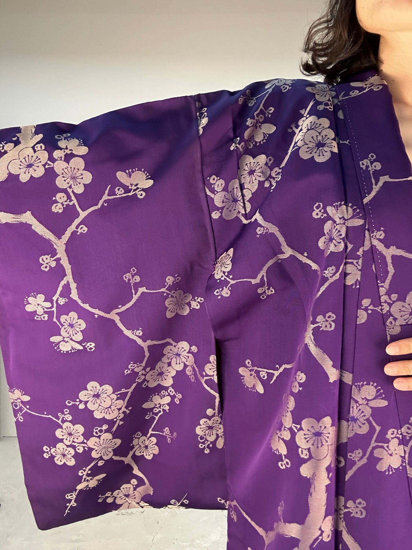 Kimono dress gown and string belt upcycled from Japanese kimono "komon ume"