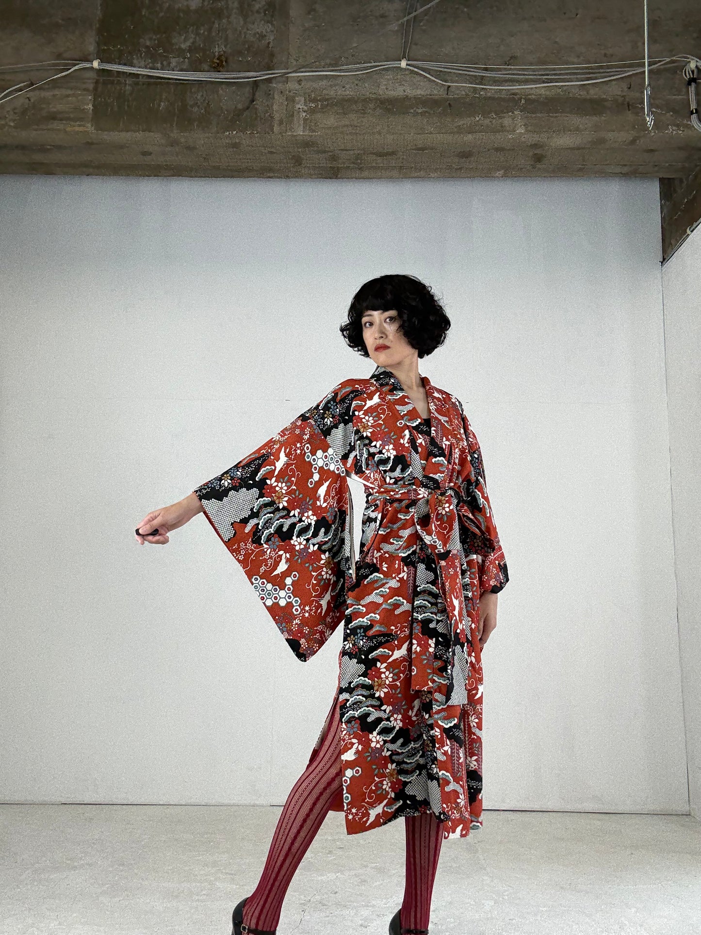 Kimono dress gown and string belt upcycled from Japanese kimono "yukigeshiki" Big Ribbon