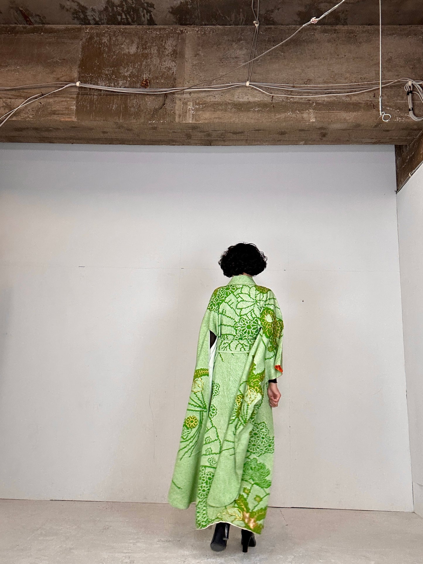 Furisode Kimono dress gown and string belt upcycled from Japanese kimono "shibori green"