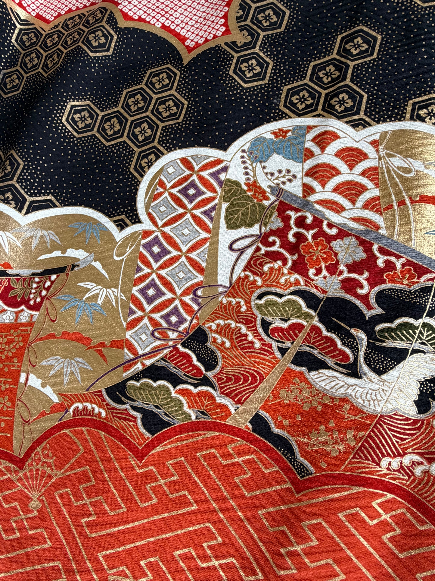 Furisode Kimono Dress Gown with String Belt – Upcycled from Vintage Japanese Kimono "red, kuro, DRE038"