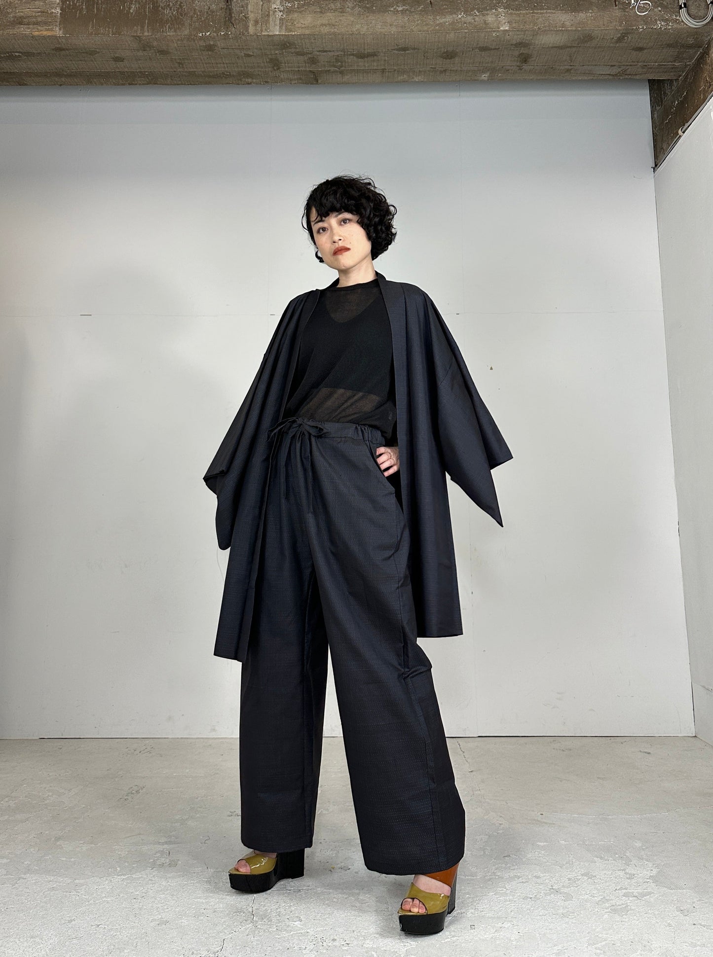 Oshima Tsumugi HAORI  and KIMONO elastic waist pants(large size) upcycled from Japanese kimono(Unisex)"NIHONBASHI_blue pattern"