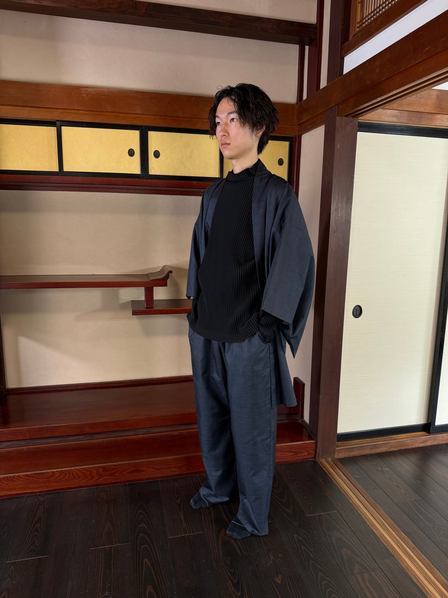 Oshima Tsumugi HAORI  and KIMONO elastic waist pants upcycled from Japanese kimono"keshiki, blue"version 2 shoshi ari