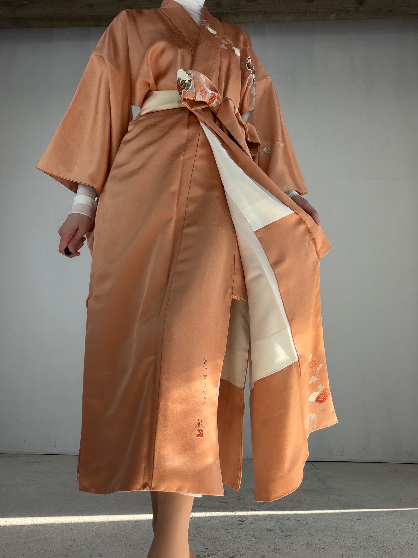 Houmongi Kimono Dress Gown with String Belt – Upcycled from Vintage Japanese Kimono "akebonoiro, DRE032"
