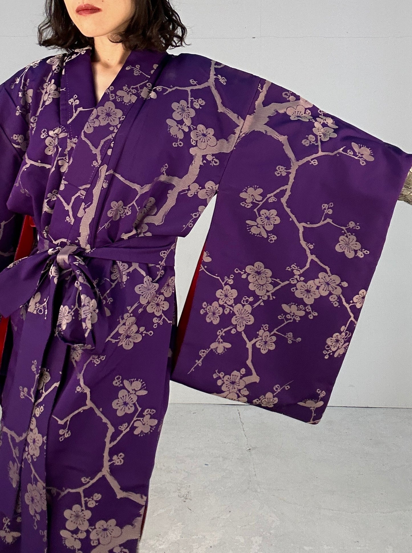 Kimono dress gown and string belt upcycled from Japanese kimono "komon ume"