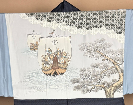 VINTAGE KAWAII HAORI oversized  "oshima, blue, nami,takarabune 026"